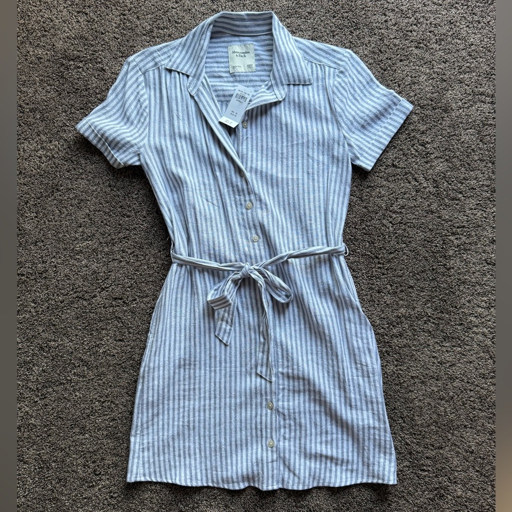 Abercrombie & Fitch Blue White Stripe Linen Button Mini Dress XXS Tall NWT